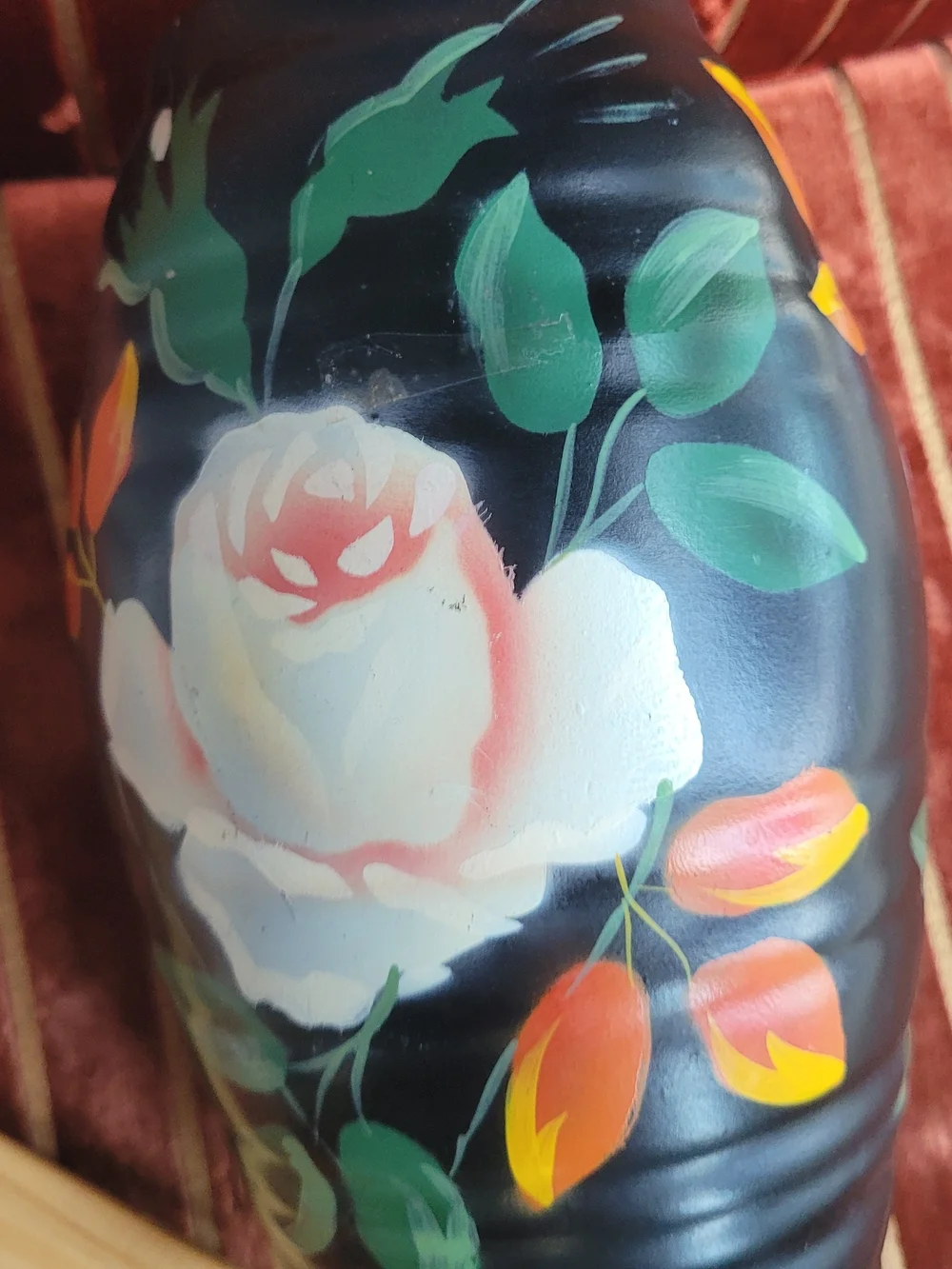 Vintage Black Floral Ceramic Vase with White Rose and Orange Buds